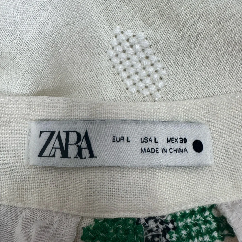 Zara White Embroidered Linen Blend Pants Trousers Size Large